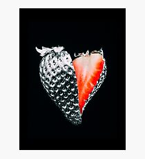 Sliced Strawberry painted of chrome on a black background. heart shaped Photographic Print