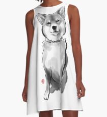The perfect Shiba Ibu, Japanese Dog Sumi-e Painting Ink Zen Print Drawing Dog Lover Wall Deco Pet Brush illustration B&W A-Line Dress