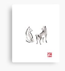 Two Shiba Inu card, Unique Sumi-e Painting, Japanese Cute dog Couple breed Ink Animal Illustration B&W Asia Zen Birthday Poster Canvas Print