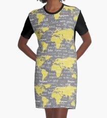 Hello World Languages Gray Yellow Graphic T-Shirt Dress