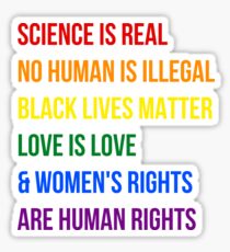 Science is real, no human is illegal, black lives matter, love is love, womens rights are human rights Sticker