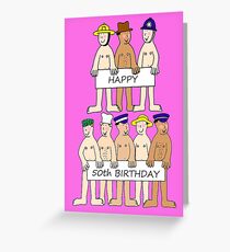 Happy 50th Birthday, Cartoon Naked Men in Hats. Greeting Card