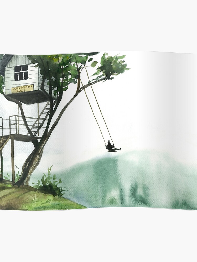 Casa Del Arbol Banos Ecuador House On A Tree Swing Watercolor Illustration Poster