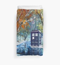 Blue Phone booth with winter views Duvet Cover