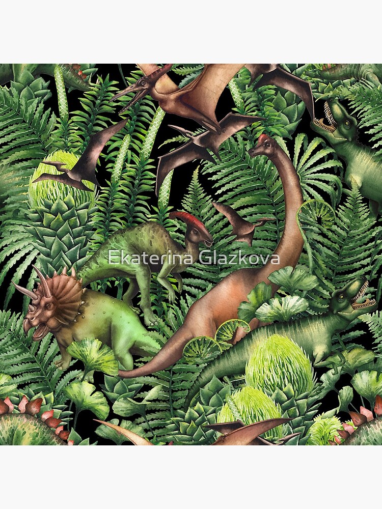 Watercolor dinosaurs and prehistoric plants by Glazkova