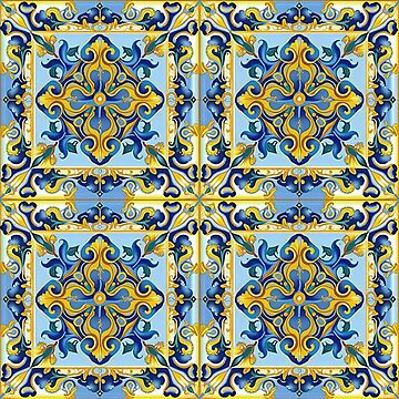 Pattern in Majolica Style. Blue and Gold Colors on White Art Print by  Savgraf