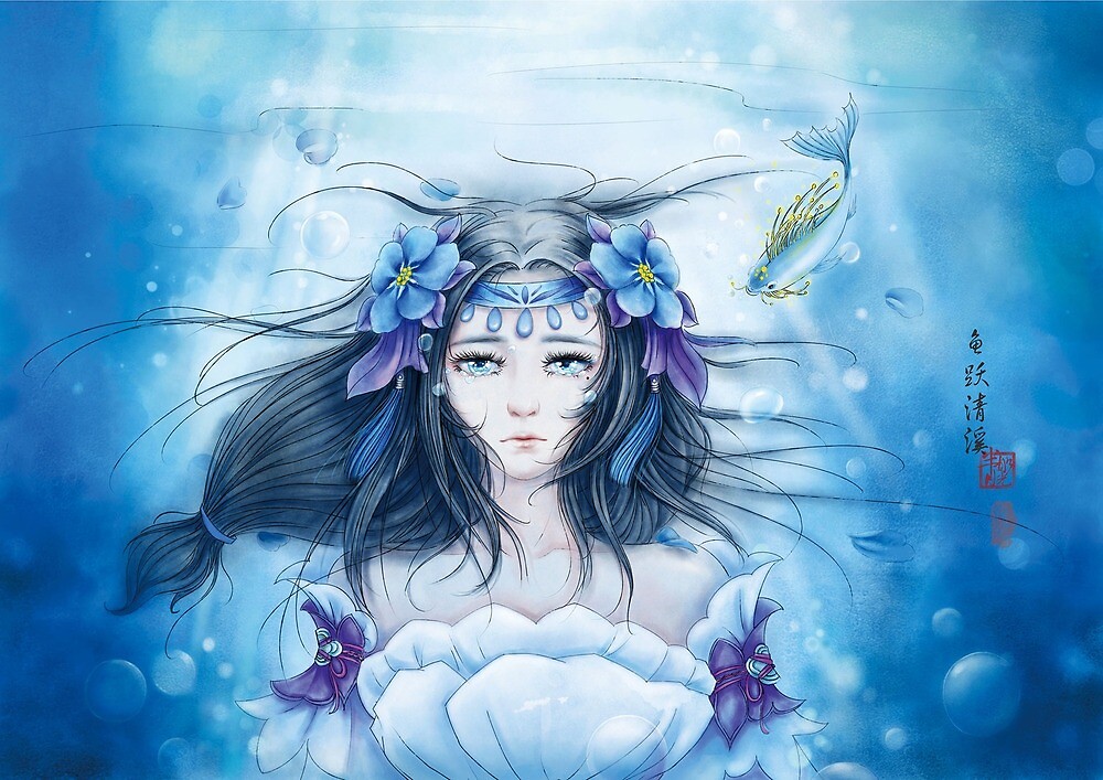 Watercolor Painting Underwater Lotus Anime Princess