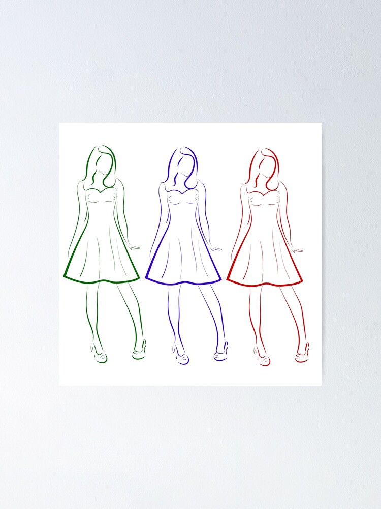 Colored Outline Drawing Of Three Girls In Dresses Poster By