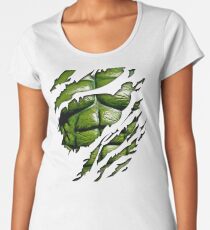 Grüne Muskeltruhe im lila zerrissenen zerrissenen T-Stück Premium Rundhals-Shirt