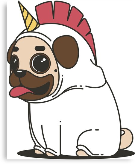  Cute  Cartoon  Pug  Dog in Unicorn Costume Canvas Print by 