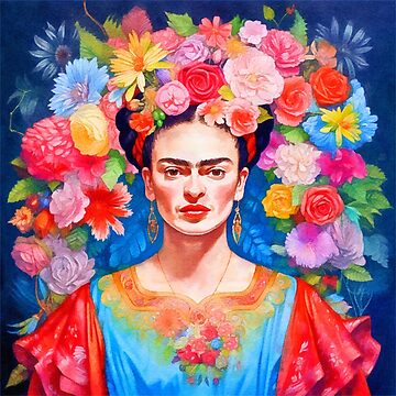 Frida Kahlo, watercolor, flower headdress, bright, by Amanda
