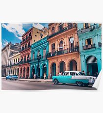Vintage Cuban colorful building and cars Poster
