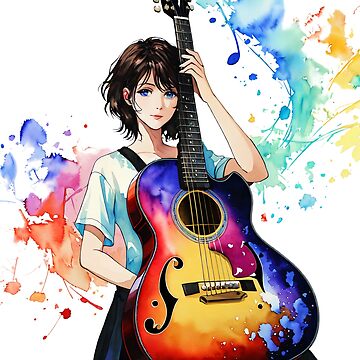 Sticker for Sale avec l'œuvre « Fille avec art numérique de guitare. Fille  animée. Jolie fille » de l'artiste DO-artbyDeliaO