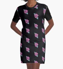 Pink and Turquoise Rose Design Graphic T-Shirt Dress