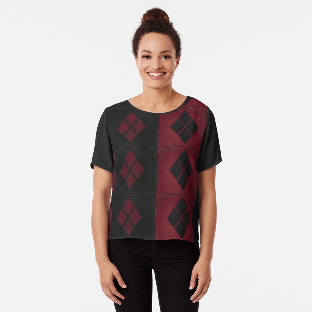 Patchwork Red & Black Leder Effekt Motley mit Diamant Patches 4 Chiffon Top