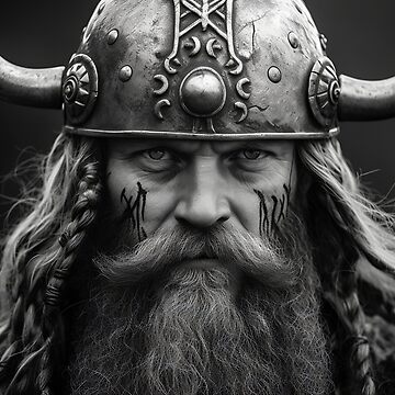 Viking Warrior Norse Black and White Portrait Monochrome Design Crow Horns  Helmet Scandinavian Warrior Poster by BWWallArt