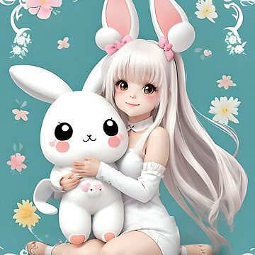 Cute Animal Ears Anime Girl Hugging Teddy Bear Sticker for Sale