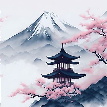 Japanese Temple: Cherry Blossoms in Watercolor Landscape | Art Board Print