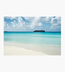 Beautiful sand beach with crystal clear water and cruise ship anchored, Bahamas Photographic Print