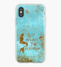 Vinilo o funda para iPhone Siempre sea una sirena: sirena dorada con brillo y tipografía en espuma marina
