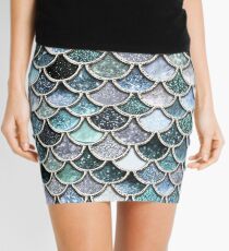 Teal, Silver and Green Sparkle Faux Glitter Mermaid Scales Mini Skirt