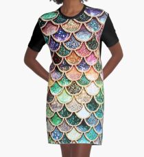 Copper Green Gold and Pink Sparkle Faux Glitter Mermaid Scales Graphic T-Shirt Dress