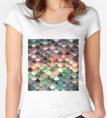 Copper Green Gold and Pink Sparkle Faux Glitter Mermaid Scales Women's Fitted Scoop T-Shirt