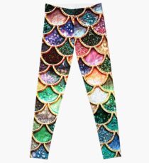 Copper Green Gold and Pink Sparkle Faux Glitter Mermaid Scales Leggings