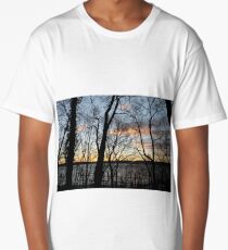Sunset, pink clouds, trees, tree branches dance strange dance in the rays of sunset Long T-Shirt