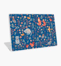 Fairy-tale forest. Fox, bear, raccoon, owls, rabbits, flowers and herbs on a white background. Seamless pattern. Laptop Skin