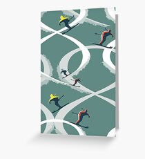 Mid Century Figure 8 Skiers in Retro Style on Teal Greeting Card