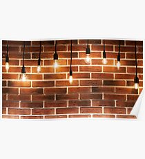 Background brick wall and decorative incandescent lamps Poster