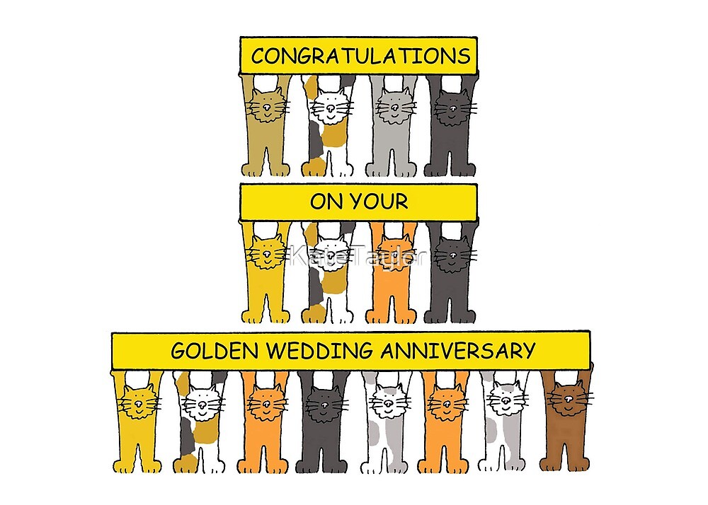 Goldene Hochzeitstag Gluckwunsche Karikatur Katzen Die Fahnen Halten Von Katetaylor Redbubble