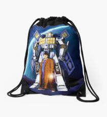 10th Doctor with Robot Phone booth Drawstring Bag
