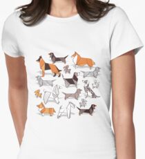 Origami Hündchenfreunde / / grau Leinen Textur Hintergrund Tailliertes T-Shirt für Frauen