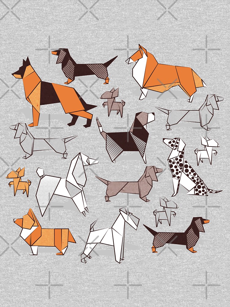 Origami doggie friends // grey linen texture background by SelmaCardoso