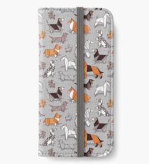 Origami doggie friends // grey linen texture background iPhone Wallet/Case/Skin
