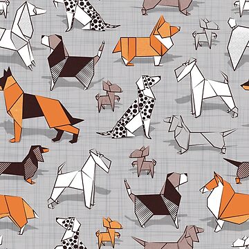 Artwork thumbnail, Origami doggie friends // grey linen texture background by SelmaCardoso