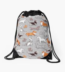 Origami doggie friends // grey linen texture background Drawstring Bag