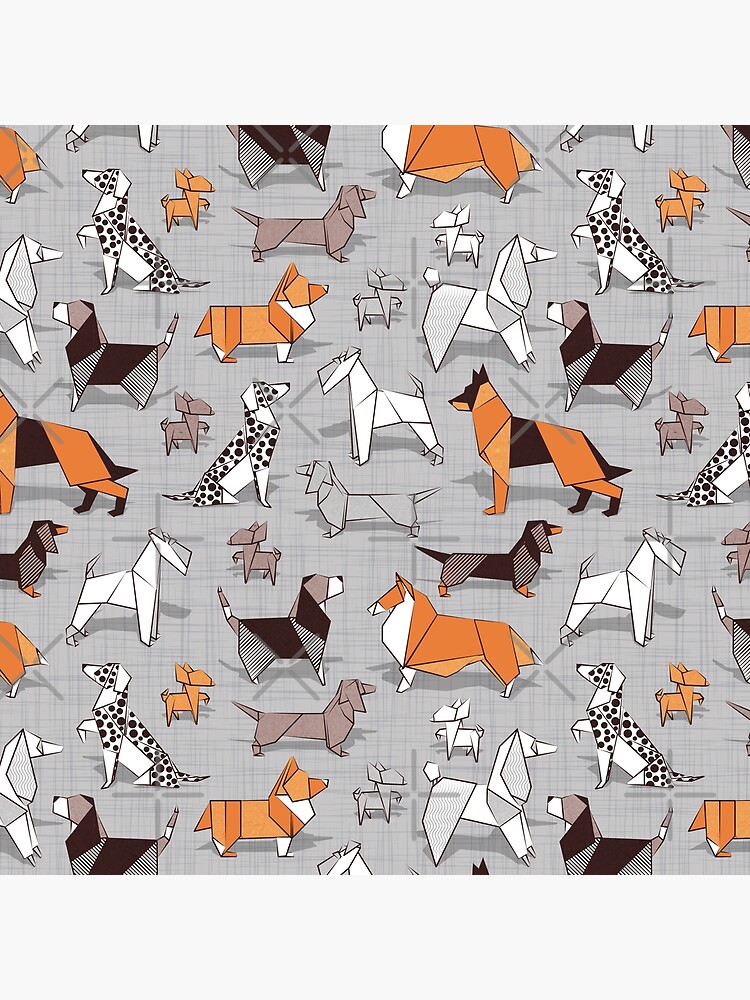 Origami doggie friends // grey linen texture background by SelmaCardoso