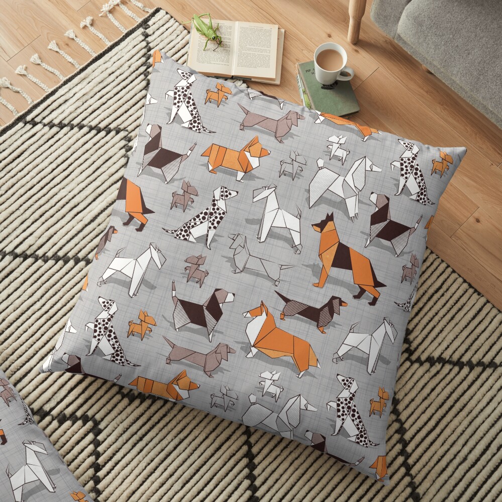 Origami doggie friends // grey linen texture background Floor Pillow