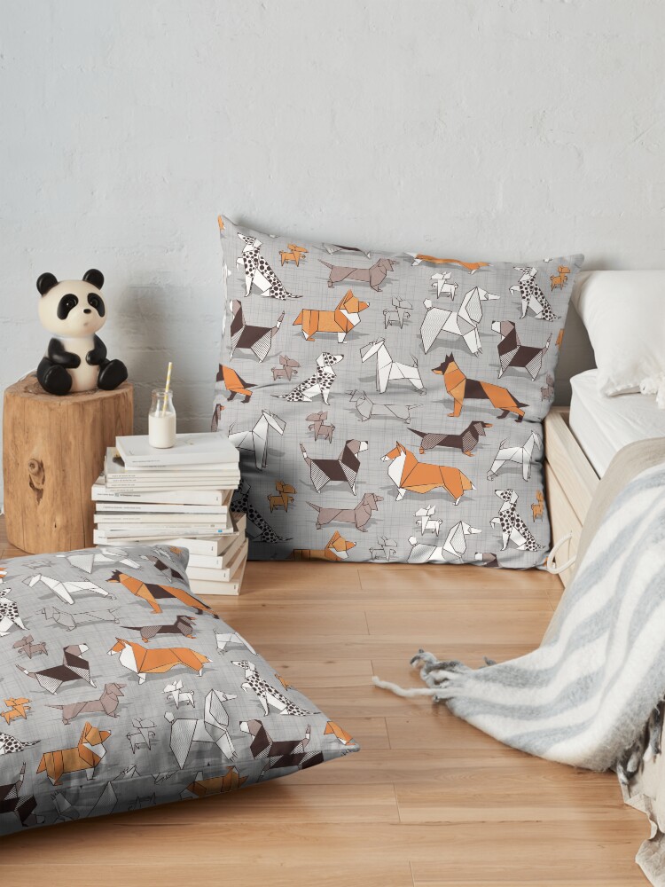 Alternate view of Origami doggie friends // grey linen texture background Floor Pillow