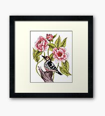 Woodpecker & Peonies - Floral/Bird Design Framed Print
