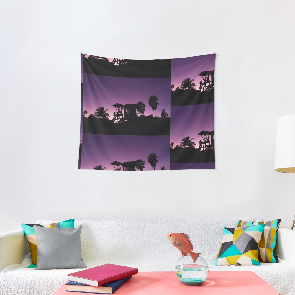 Baywatch tower silhouette sunset Tapestry