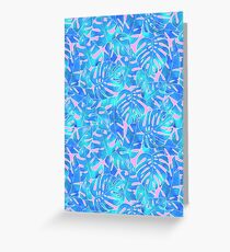 Blue watercolor monstera on pink background pattern Greeting Card