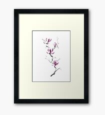 Branch of blooming purple magnolia flowers Japanese Zen Sumi-e painting on white art print Framed Print