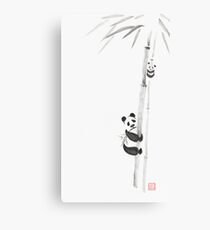 Cute pandas climbing bamboo trees Japanese Zen Sumi-e painting on white rice paper art print Canvas Print