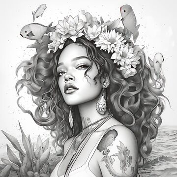 Beautiful Pisces girl with long hair, flowers and tattoo