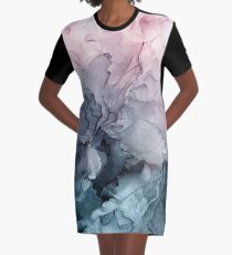 Blush and Payne's Grey Flowing Abstract Painting Graphic T-Shirt Dress