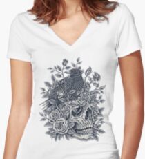 Monochrome Floral Skull Women's Fitted V-Neck T-Shirt